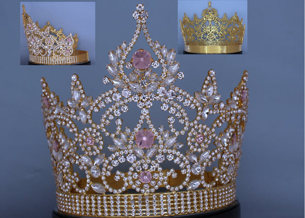 Continental Rhinestone Gold Pink Crown tiara LARGE Queen,OVERSTOCK CLEARANCE