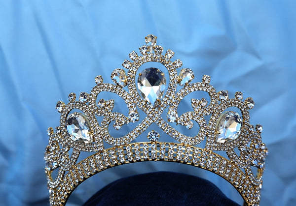 Gold Contoured Rhinestone Crown Tiara Apparel & Accessories