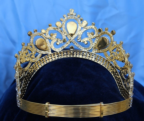 Gold Contoured Rhinestone Crown Tiara Apparel & Accessories