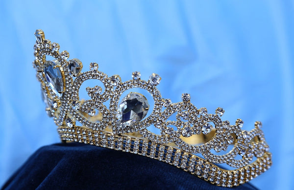 Gold Contoured Rhinestone Crown Tiara Apparel & Accessories
