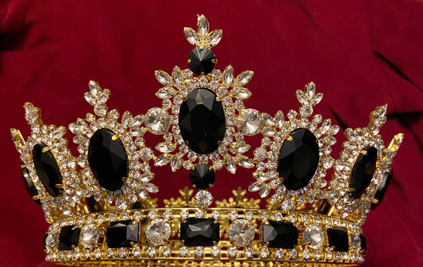 Men's Unisex Rhinestone Gold Full Black Royal Premium Crown MASCULINE/King/Crown,LARGE Queen
