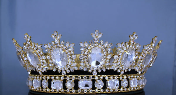 Men's Unisex Rhinestone Gold full CLEAR Royal Premium Crown MASCULINE/King/Crown,LARGE Queen