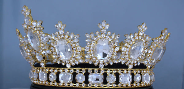 Men's Unisex Rhinestone Gold full CLEAR Royal Premium Crown MASCULINE/King/Crown,LARGE Queen