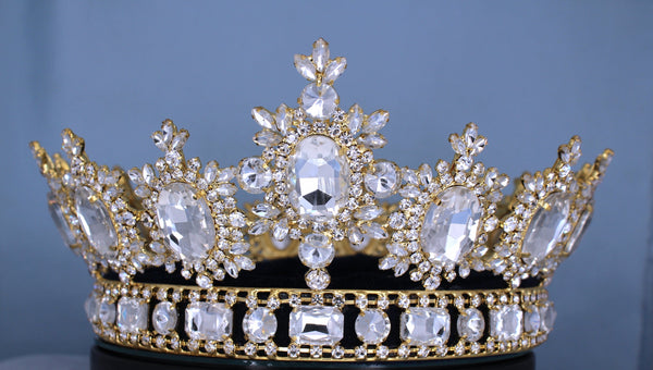 Men's Unisex Rhinestone Gold full CLEAR Royal Premium Crown MASCULINE/King/Crown,LARGE Queen