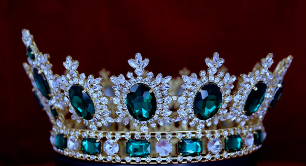 Men's Unisex Rhinestone Gold Full Emerald Green Royal Premium Crown MASCULINE/King/Crown,LARGE Queen