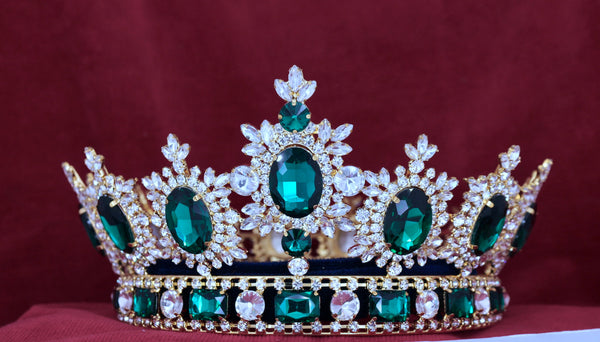Men's Unisex Rhinestone Gold Full Emerald Green Royal Premium Crown MASCULINE/King/Crown,LARGE Queen
