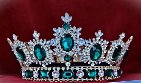 Men's Unisex Rhinestone Gold Full Emerald Green Royal Premium Crown MASCULINE/King/Crown,LARGE Queen