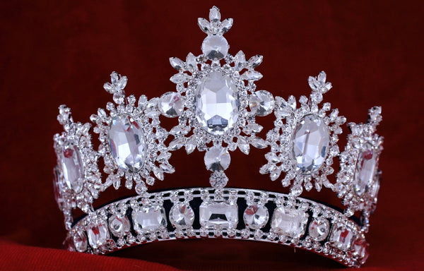 Rhinestone Adjustable Clear Contoured Royal Premium Silver Crown LARGE Queen