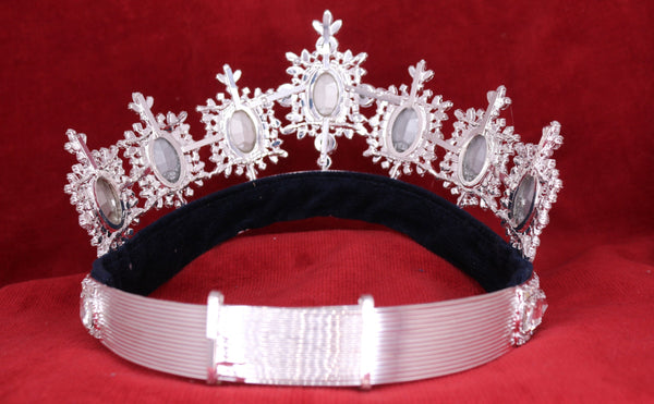 Rhinestone Adjustable Clear Contoured Royal Premium Silver Crown LARGE Queen