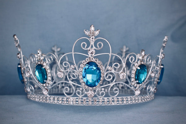 Rhinestone Full Unisex Silver Acquamarine Crown MASCULINE/King/Crown,MEDIUM Queen/Princess