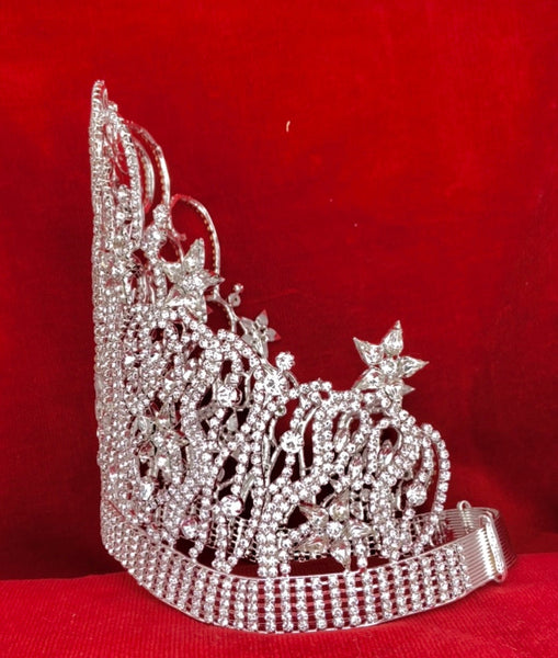 Round the World Adjustable Contoured Silver Rhinestone Crown Tiara LARGE Queen