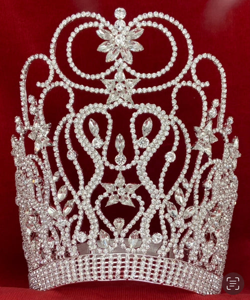Round the World Adjustable Contoured Silver Rhinestone Crown Tiara LARGE Queen